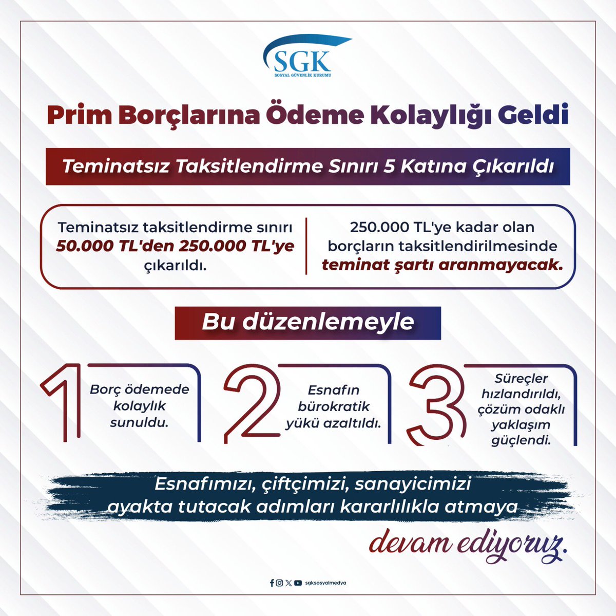 sgksosyalmedya's tweet photo. Prim Borçlarına Ödeme Kolaylığı Getirdik!
 
📌 Teminatsız taksitlendirme sınırını 50.000 TL'den 250.000 TL'ye çıkarttık.
📌 250.000 TL'ye kadar olan borçların taksitlendirilmesinde teminat şartı aramıyoruz.

💼 Artık borcu az olan ama teminat gösteremeyenler de taksitlendirme imkanından daha kolay yararlanabilecek.
 
Esnafımızı, çiftçimizi, sanayicimizi ayakta tutacak adımları kararlılıkla atmaya devam ediyoruz.