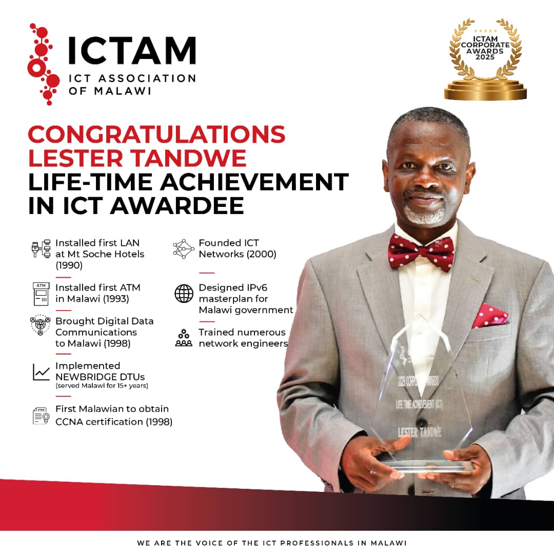 The ICT Association of Malawi during the 2025 ICT Expo, recognized Lester Tandwe's contributions to the ICT Sector in Malawi.