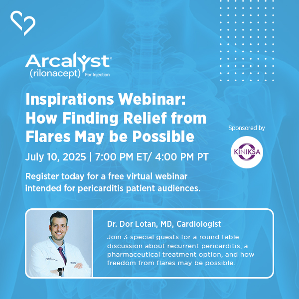Pericarditis Alliance (@pericarditisa) on Twitter photo Register today for a free webinar intended for pericarditis patients, hosted by Arcalyst & <a href="/kiniksa/">Kiniksa Pharmaceuticals</a>. Join 3 special guests for a roundtable discussion on recurrent pericarditis, a pharmaceutical treatment option, & how freedom from flares may be possible. rpwebinars.com Register today for a free webinar intended for pericarditis patients, hosted by Arcalyst & <a href="/kiniksa/">Kiniksa Pharmaceuticals</a>. Join 3 special guests for a roundtable discussion on recurrent pericarditis, a pharmaceutical treatment option, & how freedom from flares may be possible. rpwebinars.com