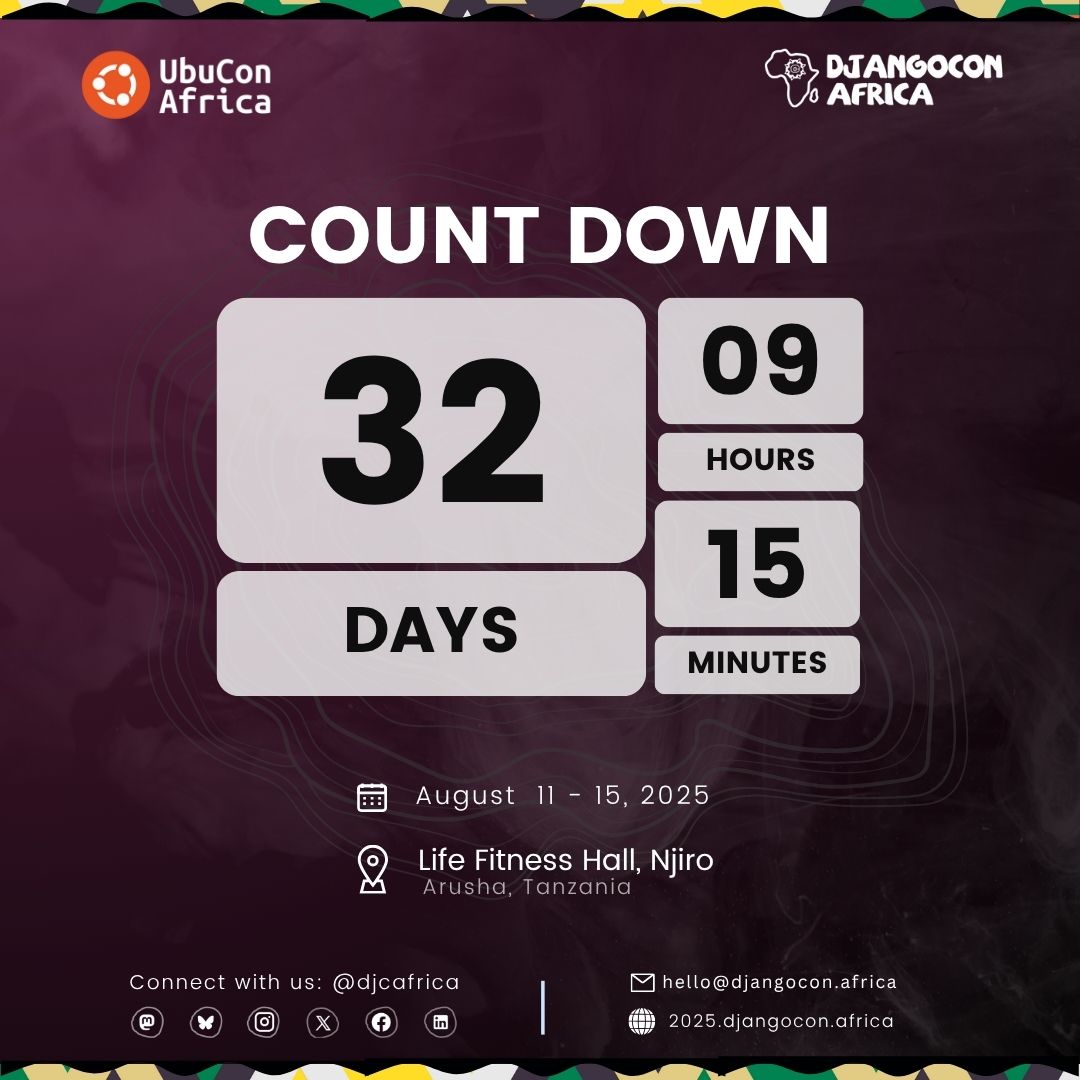 djcafrica's tweet image. 🚨 32 DAYS TO GO! 🚨
The race to #DjangoConAfrica2025 is heating up! 🌟 Secure your spot, grab your gear, sort your visa, and set your sights on Arusha! 🎟️🌍
👉More info about Visa: 2025.djangocon.africa/en/visa_info/
#djcafrica #djcafrica25 #DjangoConAfrica #UbuCon #UbuConAfrica #Django