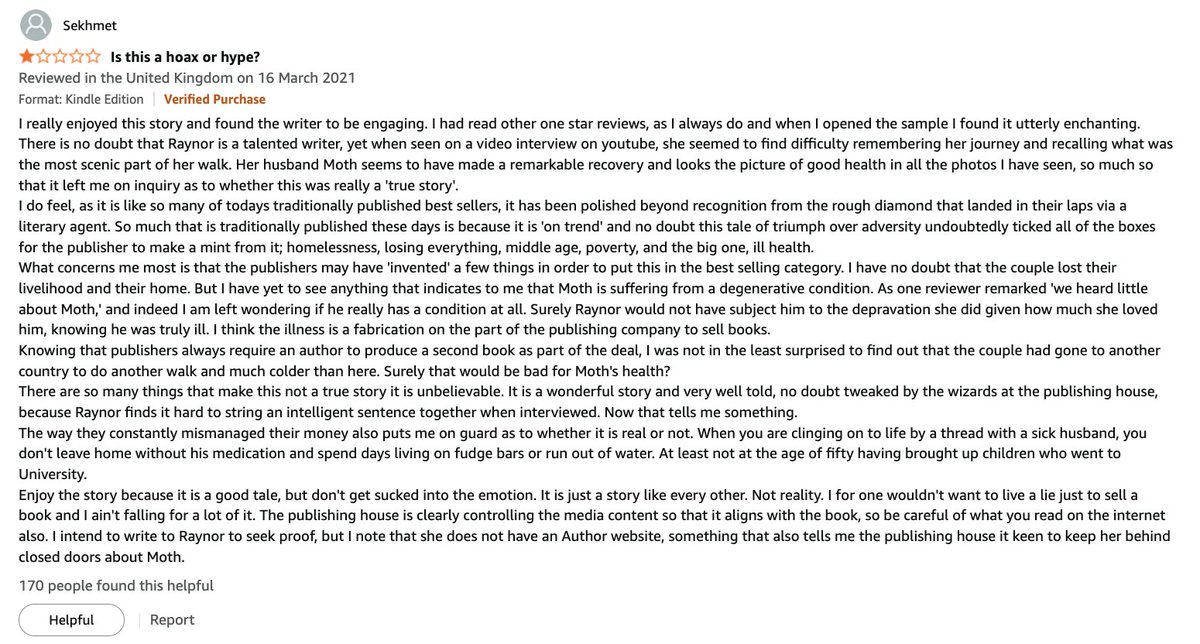 More fun than doom-scrolling is reading the prescient 1-star reviews of The Salt Path on Amazon - as much an indictment of the publishing industry as of the author!  They proliferated after The Observer broke the news, but some readers saw through it as soon as they read it.
