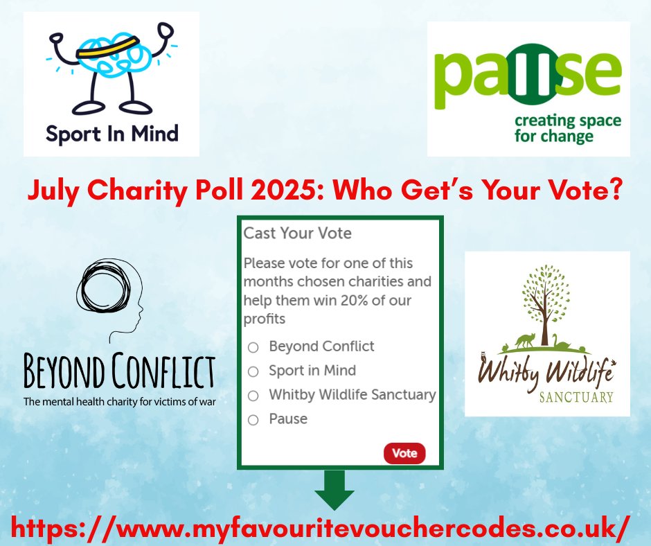 Introducing our July 2025 charities! This month we have the incredible <a href="/beyondconflict1/">Beyond Conflict</a> <a href="/sportinmind/">Sport in Mind</a> <a href="/WhitbyWildlife/">Wildlife Sanctuary</a>  and <a href="/PauseOrg/">Pause</a>  competing to win a donation of 20% of our profits.
Vote for FREE for the charity YOU want to see win: myfavouritevouchercodes.co.uk