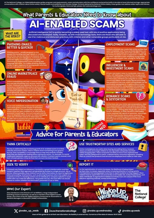 AI scams are getting smarter 📷📷 From deepfake voices to fake videos, online fraud is evolving fast. Our #WakeUpWednesday guide reveals what parents and educators need to know 📷
Download your FREE copy here &gt;&gt; ow.ly/jtyC50WmnWY
#OnlineSafety #AiSafety #OnlineScams