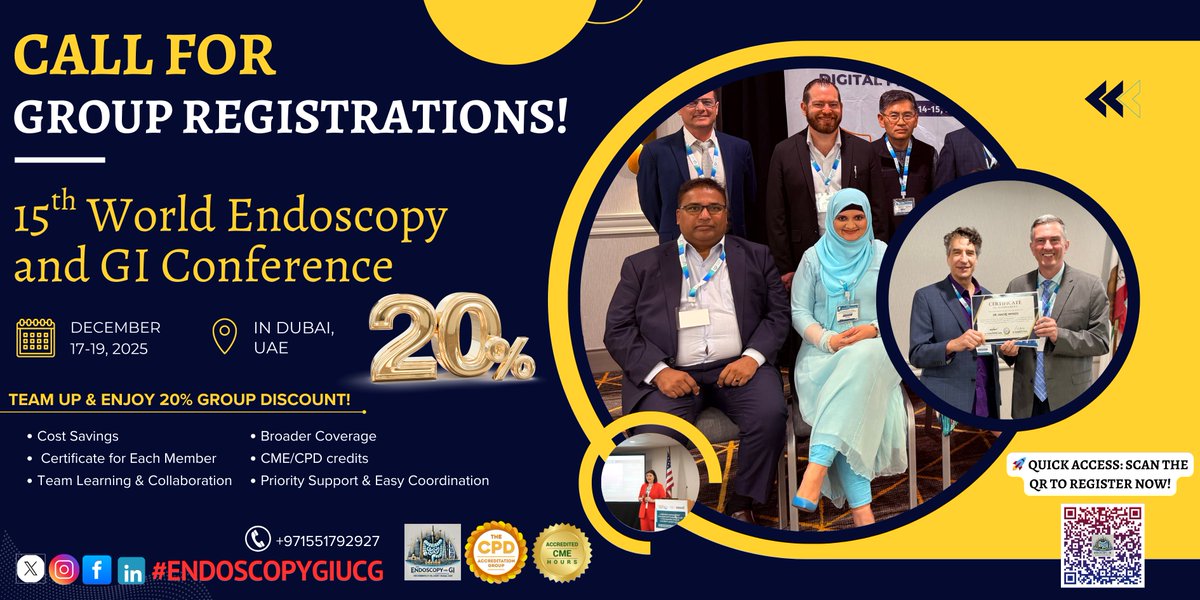 EndoscopyC26521's tweet image. 🎉 Call for Group Registrations!
15ENDOSCOPYGIUCG, December 17–19, 2025, at Novotel Dubai, UAE
Register Now: …doscopy-gi.utilitarianconferences.com/registration
WhatsApp: wa.me/+971551792927
#EndoscopyGIConference #GroupRegistration #MedicalConferenceDubai #CMEConference  #CPDCredits #TeamUpForScience