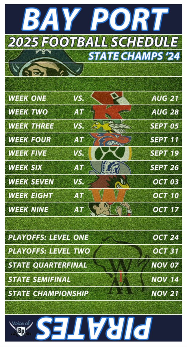 Bay Port Radio (@voiceofbp) on Twitter photo We are gearing up for the <a href="/BayPortFootbal1/">Bay Port Football</a> Season ๐
Opening up the campaign at Home on Thursday, August 21st ๐๏ธ
We have the 2025 Schedule as a Wallpaper for you if youโd like๐ฑ
#StateChamps๐ We are gearing up for the <a href="/BayPortFootbal1/">Bay Port Football</a> Season ๐
Opening up the campaign at Home on Thursday, August 21st ๐๏ธ
We have the 2025 Schedule as a Wallpaper for you if youโd like๐ฑ
#StateChamps๐