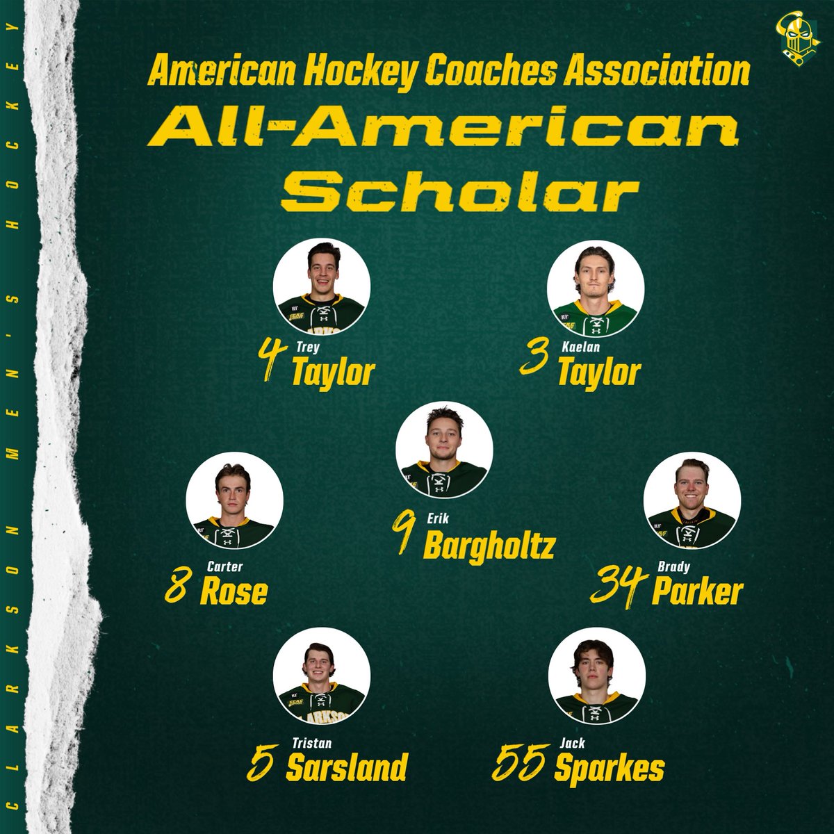 ClarksonMHockey's tweet image. Congrats to these Knights that earned AHCA Krampade Academic All American Honors!