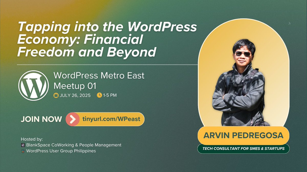 WPUGPH's tweet image. Ready to gain powerful insights from our WordPress community? Join us on July 26, 2025, from 1-5 PM, for our first-ever WordPress Metro East, Manila Meetup at BlankSpace CoWorking.
Admission is free, but spots are limited. Join now if you haven't yet: 👉 tinyurl.com/WPeast