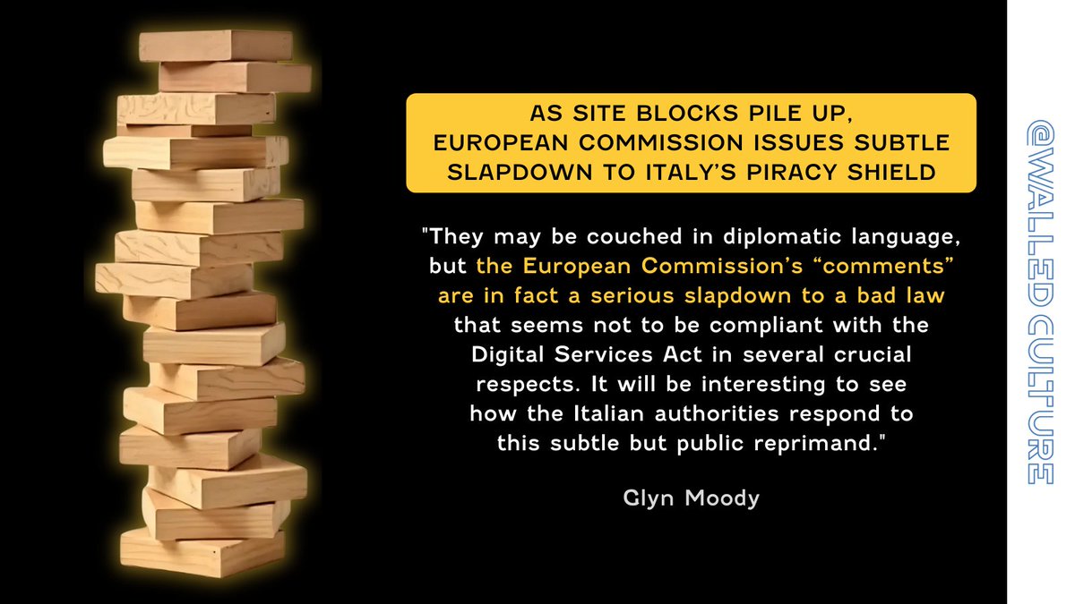 Walled Culture (@walledculture) on Twitter photo Diplomatic but sharp: <a href="/glynmoody/">Glyn Moody</a> decodes the European Commission's subtle slapdown to Italy's #PiracyShield
The EC's polite language carries severe criticism of non-compliance with the #DigitalServicesAct
How will Italy respond to this public reprimand?
walledculture.org/as-site-blocks… Diplomatic but sharp: <a href="/glynmoody/">Glyn Moody</a> decodes the European Commission's subtle slapdown to Italy's #PiracyShield
The EC's polite language carries severe criticism of non-compliance with the #DigitalServicesAct
How will Italy respond to this public reprimand?
walledculture.org/as-site-blocks…