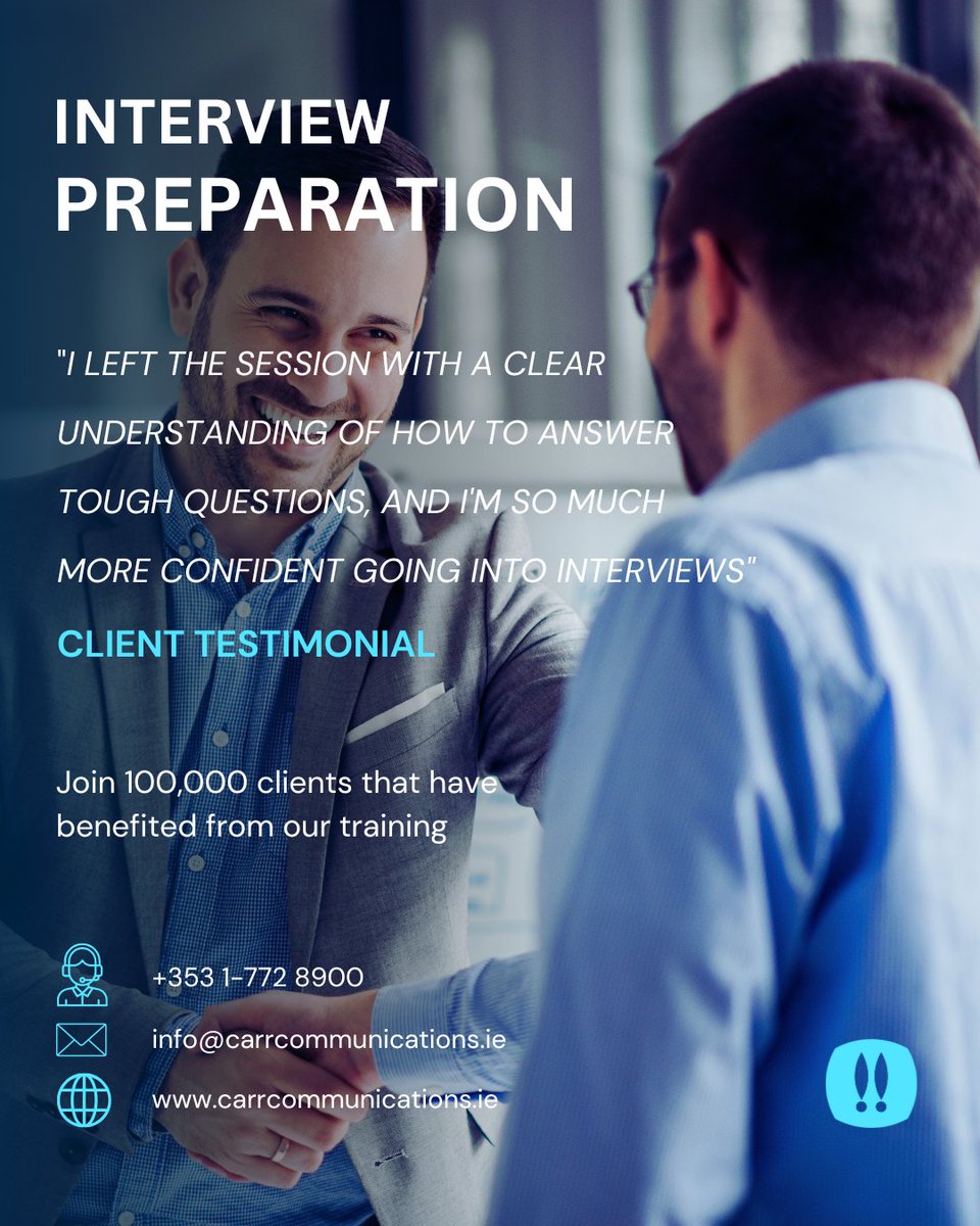 Carr Communications (@carrcommsltd) on Twitter photo Tailored Training. Exceptional Results.
Get started today by calling us on +353 1-772 8900, or e-mail info@carrcommunications.ie, and a member of our experienced team will contact you.
#Interview #InterviewPreparation #CareerDevelopment #PersonalDevelopment #Training #NewJob Tailored Training. Exceptional Results.
Get started today by calling us on +353 1-772 8900, or e-mail info@carrcommunications.ie, and a member of our experienced team will contact you.
#Interview #InterviewPreparation #CareerDevelopment #PersonalDevelopment #Training #NewJob