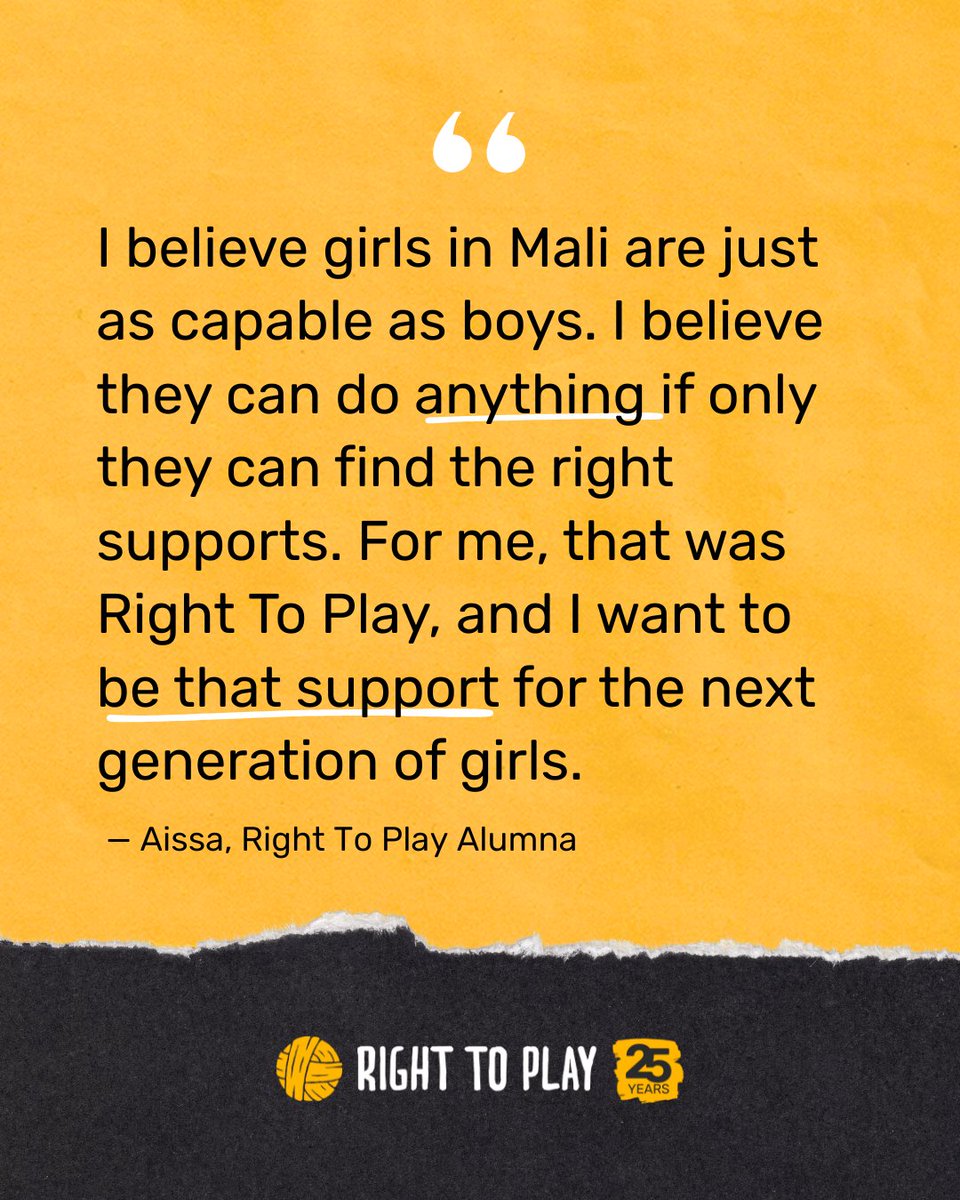 Twelve years ago, a young girl in Mali joined a Right To Play programme. Today, Aissa uses the skills and confidence she learned in that programme to empower other girls in Mali. Read her story: righttoplay.org.uk/en-gb/national…