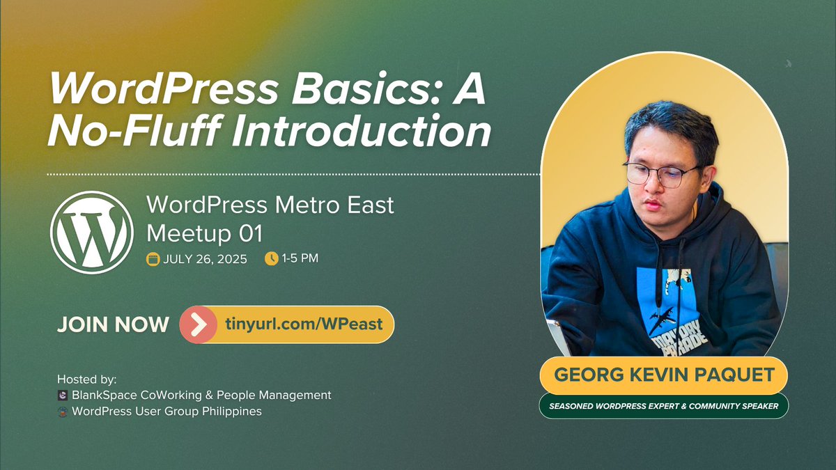 WPUGPH's tweet image. Ready to gain powerful insights from our WordPress community? Join us on July 26, 2025, from 1-5 PM, for our first-ever WordPress Metro East, Manila Meetup at BlankSpace CoWorking.
Admission is free, but spots are limited. Join now if you haven't yet: 👉 tinyurl.com/WPeast