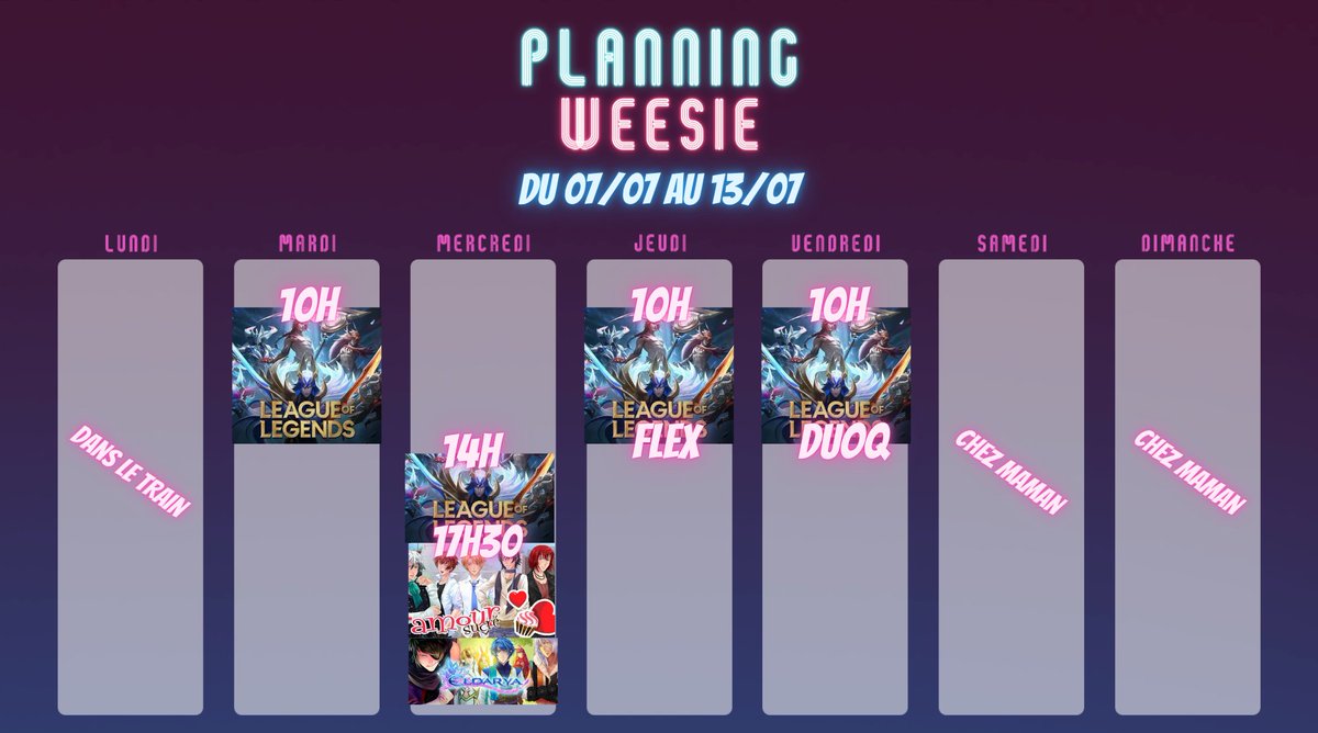Weesiie's tweet image. ☀️PLANNING DE LA SEMAINE ☀️

-&amp;gt; twitch.tv/weesie