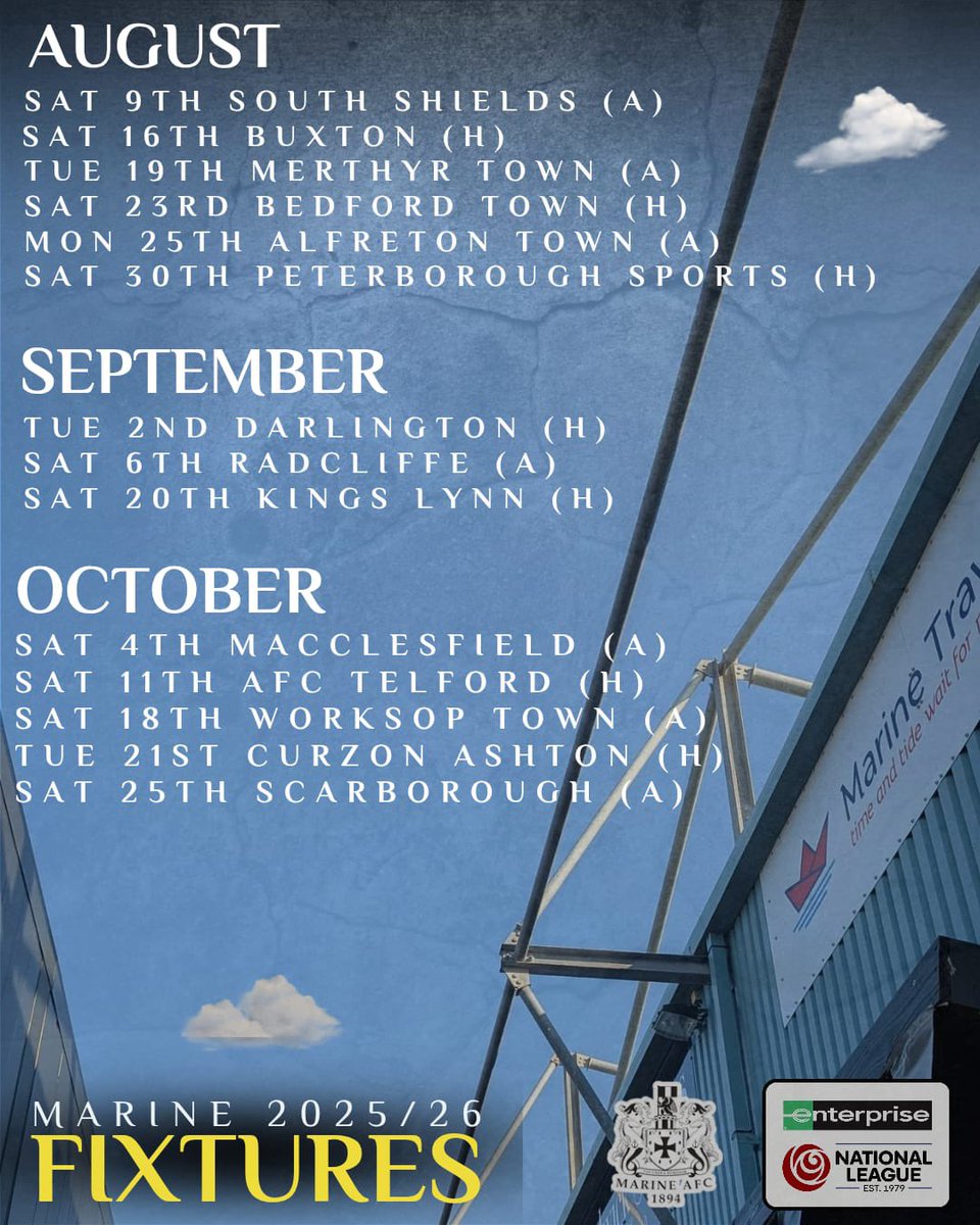 MarineAFC's tweet image. 📅 Marine FC can now confirm our 2025/26 National League North fixture schedule.
#WeAreMarine