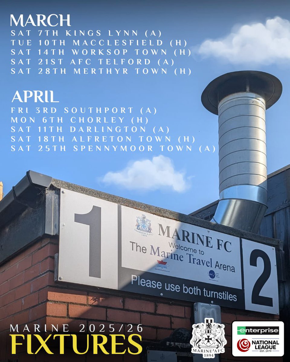 MarineAFC's tweet image. 📅 Marine FC can now confirm our 2025/26 National League North fixture schedule.
#WeAreMarine
