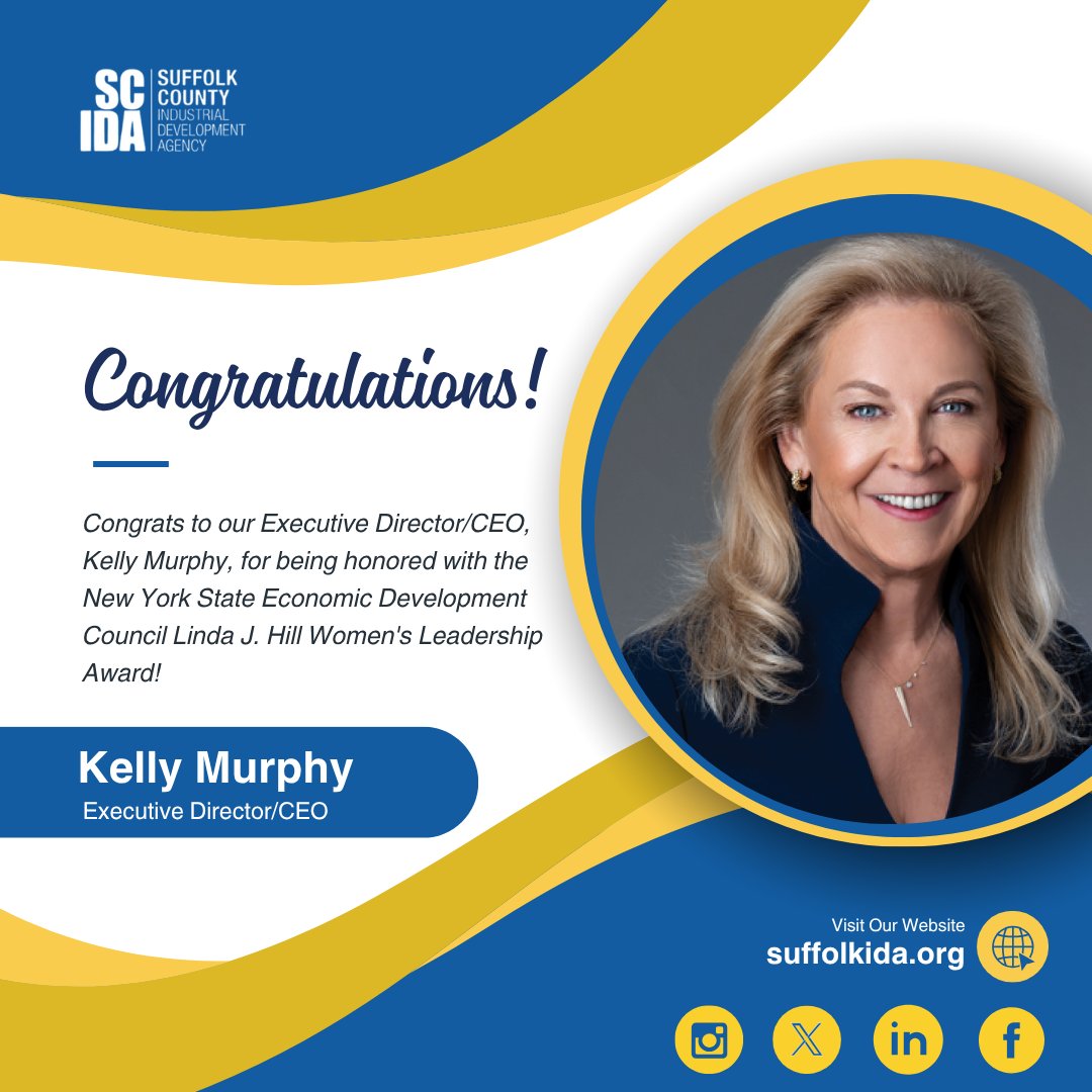 Congratulations to our Executive Director and CEO, K. Kelly Murphy, on receiving NYSEDC’s Linda J. Hill Women’s Leadership Award for her leadership and impact in economic development. Learn more about how we help businesses grow at suffolkida.org.