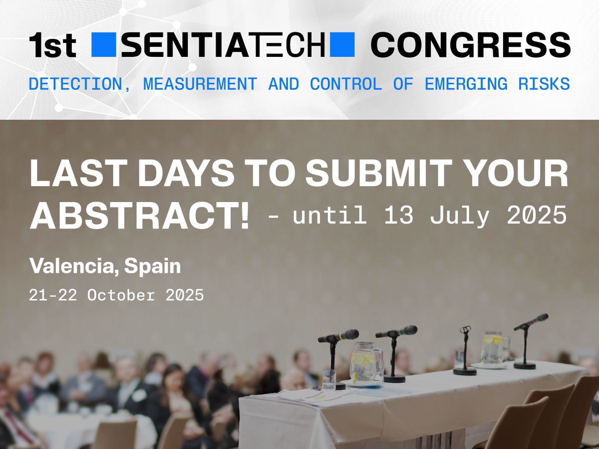 🚨 Last days to submit your #abstract! Deadline: 13 July 2025

Be a speaker at the I SENTIATECH European Congress: Detection, Measurement &amp; Control of Emerging Risks

📍 21–22 October | Valencia, Spain
Join a growing community of researchers, industry leaders and policymakers.
