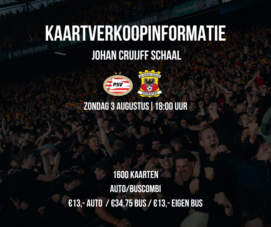 😍 Na het winnen van de TOTO KNVB Beker strijden we op zondag 3 augustus om 18:00 uur tegen PSV om de Johan Cruijff Schaal

🎟️ Vrijdag start de verkoop voor Eagles-supporters.

🔴🟡 Vorm samen met ons een rood-geel blok in het Philips Stadion en steun de ploeg!