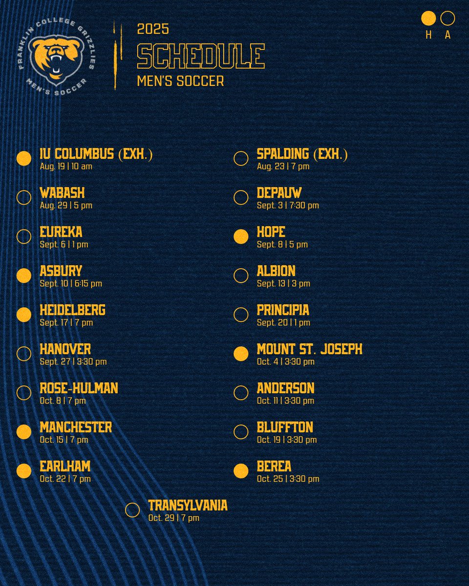 FCGrizAthletics's tweet image. The 2025 schedule for Franklin College men's soccer and first-year head coach Josh Hughes: