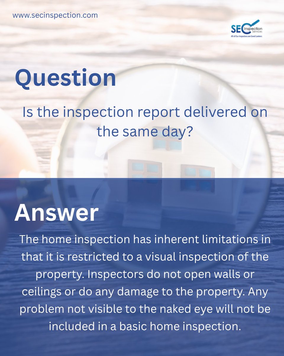 G00dL00ker's tweet image. A home inspection can't uncover every issue, as it's limited to visible areas and doesn't involve opening walls or causing damage.
Read more FAQ here: secinspection.com/faq/

(727) 359-0935

#PeaceOfMindGuaranteed #VerifiedRepairs #HomeInspectionExperts #HomeRepairsDoneRight