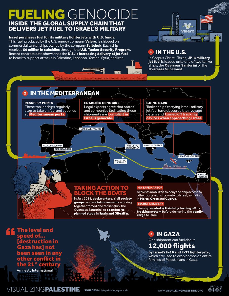 visualizingpal's tweet image. Israel&apos;s genocide in Gaza has relied on a surge in deliveries of jet fuel from U.S. providers. In our latest visual, we expose the companies and states behind it, and the grassroots actions disrupting it.
#NoHarbourForGenocide