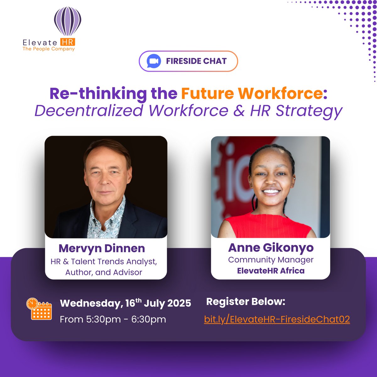 ElevateHR Africa (@elevatehrafrica) on Twitter photo šFireside Chat | July 16, 5:30 PM EAT
Re-thinking the Future Workforce: Decentralized Teams & HR Strategy
Join <a href="/MervynDinnen/">MervynDinnen</a> as we explore how HR must evolve in a remote-first world.
š Sign up: bit.ly/ElevateHR-Fireā¦
#FutureOfWork #HRStrategy #ThePeopleCompany #ElevateHR šFireside Chat | July 16, 5:30 PM EAT
Re-thinking the Future Workforce: Decentralized Teams & HR Strategy
Join <a href="/MervynDinnen/">MervynDinnen</a> as we explore how HR must evolve in a remote-first world.
š Sign up: bit.ly/ElevateHR-Fireā¦
#FutureOfWork #HRStrategy #ThePeopleCompany #ElevateHR