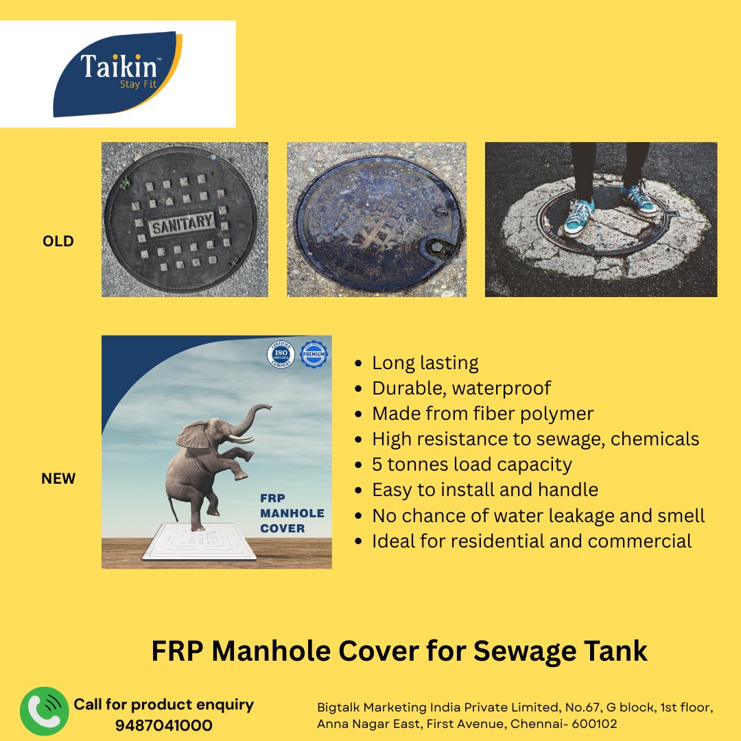 Keep your undergrounds water tank, sewage tank area clean with a FRP manhole cover to stay healthy from unwanted gases, leakage, smell and fluss water. We are a trusted brand in India, at Taikin we sale premium grade products, with lifetime guarantee.
#Watertankmanholecover