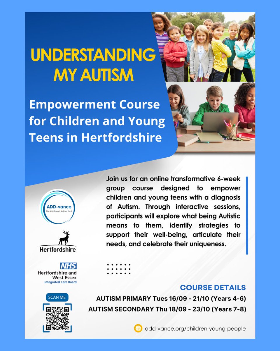 VanceAdd's tweet image. Final chance to apply for our 'Understanding My Autism' empowerment courses for children. We have 2 courses starting in Sept that you can apply for now.
add-vance.org/children-young…
#UnderstandingMyAutism #courses #children #youngpeople #Hertfordshire #herts #ADDvance