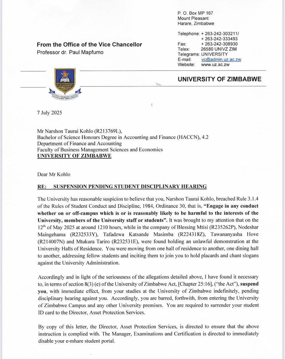 The suspension of six student leaders for free expression is reprehensible and deserves condemnation from all right thinking Zimbabweans. Universities must be bastions of free speech. We call for their reinstatement an end to the persecution of student leaders.