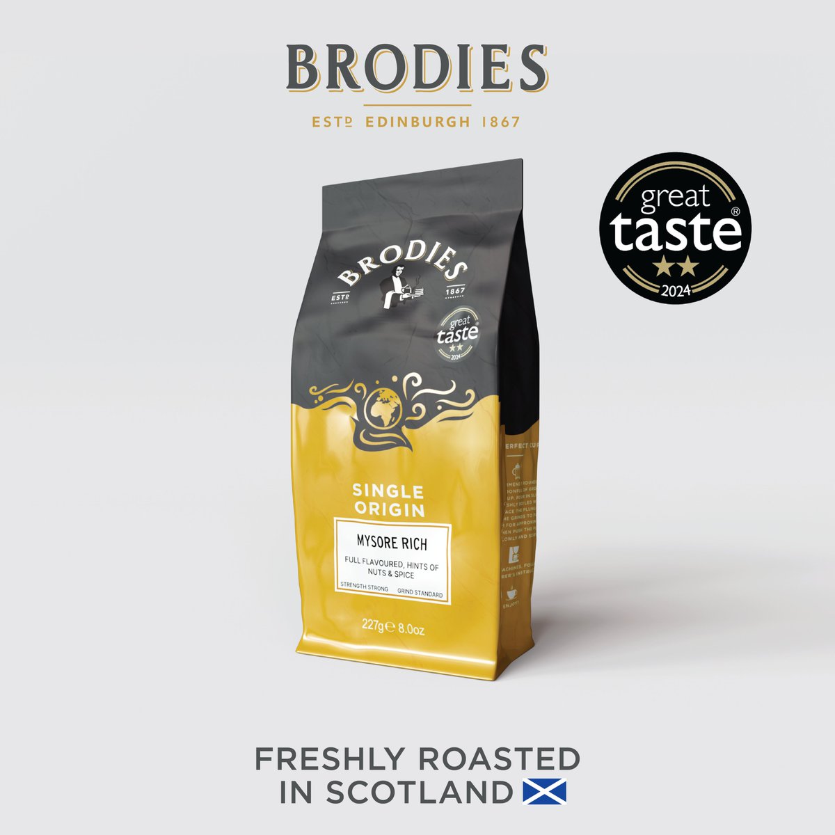 Enjoy the rich, full-bodied taste of our award-winning Mysore Rich coffee.

A smooth, full-flavoured blend with subtle hints of spice and nuts. Awarded 2⭐️at the Great Taste Awards.

Proudly made in Scotland and now available across <a href="/Tesco/">Tesco</a> stores in Scotland.

 #coffee #artisan