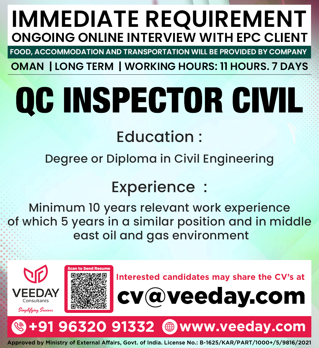 IMMEDIATE REQUIREMENT ONGOING ONLINE INTERVIEW WITH EPC CLIENT

#QCInspector #CivilInspector #OmanJobs #EPCJobs 
#OilAndGasJobs #MiddleEastJobs #GulfJobs #LongTermJobs 
#ImmediateHiring #ConstructionJobs #OnlineInterview 
#CivilEngineeringJobs