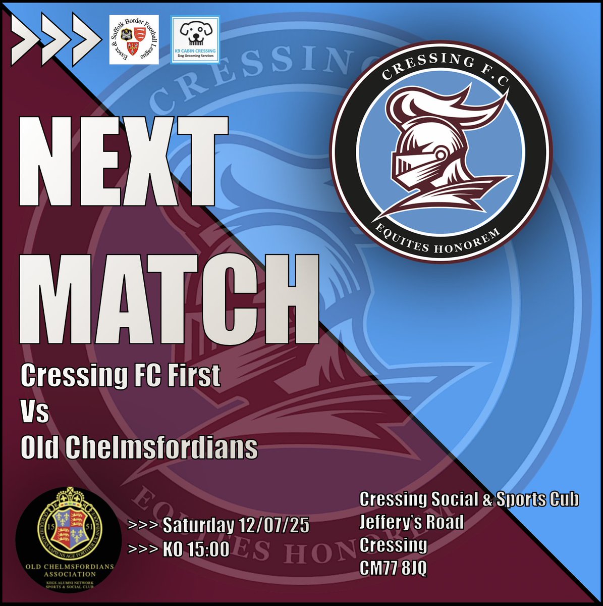 CressingFC's tweet image. Coming up this weekend..

We welcome @OChelmsfordians to our home ground for our next outing in the pre-season!

No fixture for the reserves this weekend.

KO – 15:00🕒

All your support is greatly appreciated! Hope to see you there! ⚽️

#CressingFC
#K9CabinCressing
#UTC