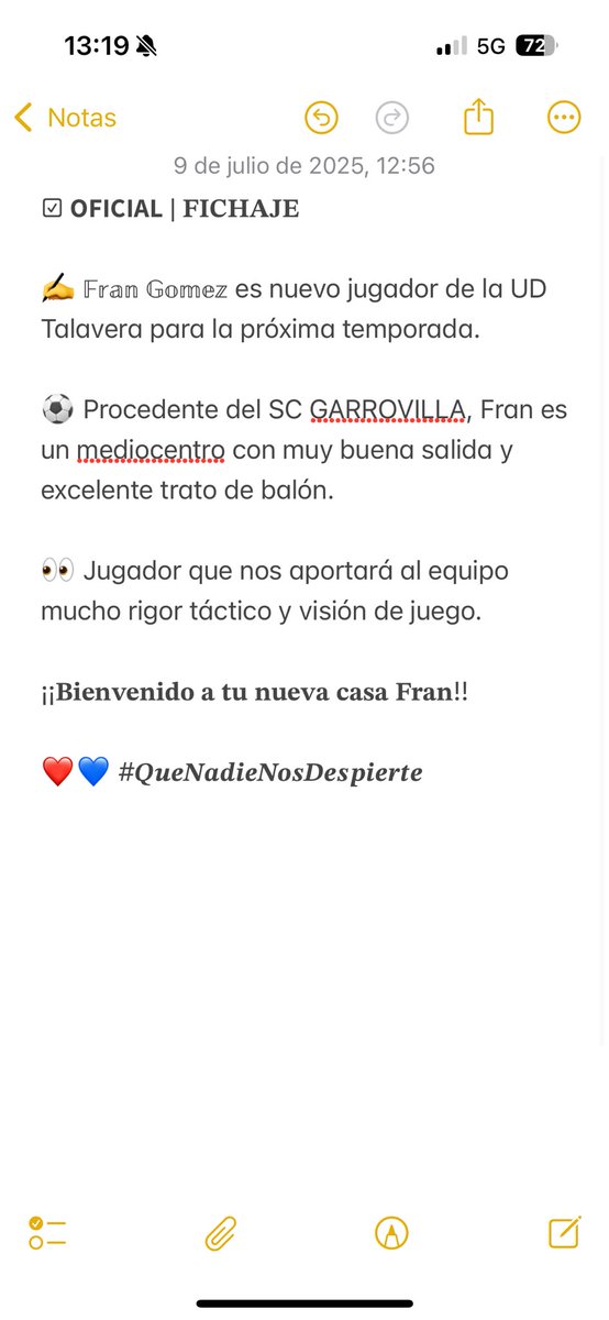 ☑ 𝗢𝗙𝗜𝗖𝗜𝗔𝗟 | 𝐅𝐈𝐂𝐇𝐀𝐉𝐄

✍ 𝔽𝕣𝕒𝕟 𝔾𝕠𝕞𝕖𝕫 es nuevo jugador de la UD Talavera para la próxima temporada. <a href="/frangomez20/">Fran Gómez.</a> 

⚽️ Procedente del SC GARROVILLA

¡¡𝐁𝐢𝐞𝐧𝐯𝐞𝐧𝐢𝐝𝐨 𝐚 𝐭𝐮 𝐧𝐮𝐞𝐯𝐚 𝐜𝐚𝐬𝐚 𝐅𝐫𝐚𝐧!!

❤️💙 #𝑸𝒖𝒆𝑵𝒂𝒅𝒊𝒆𝑵𝒐𝒔𝑫𝒆𝒔𝒑𝒊𝒆𝒓𝒕𝒆