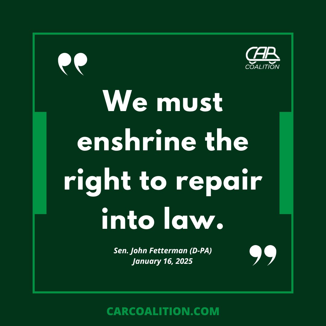 Grateful to <a href="/SenFettermanPA/">U.S. Senator John Fetterman</a> for co-sponsoring the bipartisan #REPAIRAct. This is a critical step toward ending unfair repair restrictions and restoring the right to repair for drivers across the country.

Tell Congress you agree: carcoalition.com