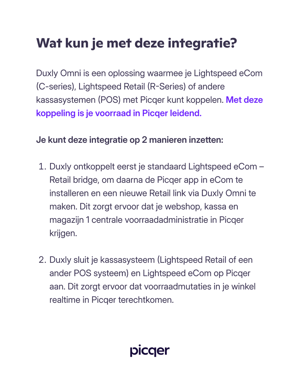 Picqer's tweet photo. Nieuws! Het is nu mogelijk om Duxly Omni met Picqer te koppelen. Hiermee kun je Lightspeed eCom (C-series), Lightspeed Retail (R-Series) of andere kassasystemen (POS) met Picqer koppelen. In de slides lees je hoe dat werkt. Deze integratie is ontwikkeld door @Duxly_eCom. https://t.co/mRkzKnDqWb