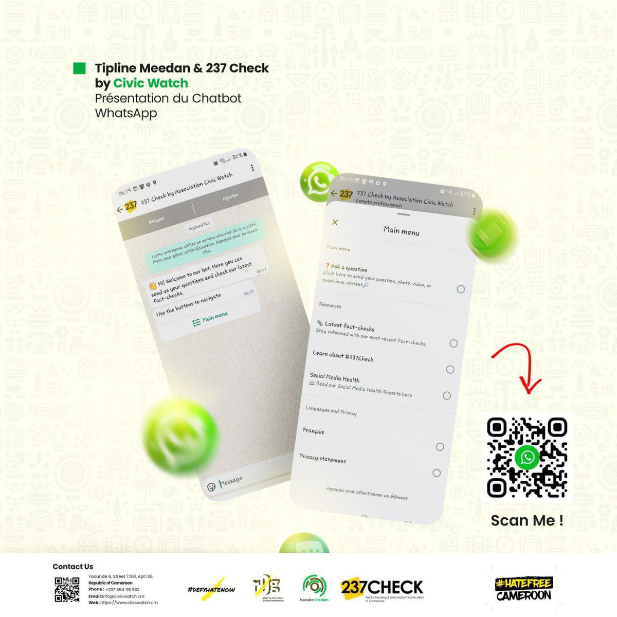 237check's tweet image. #FakeNews ou pas ?
Il est désormais possible de savoir sur Whatsapp si une affirmation sur les réseaux sociaux est vraie avec notre chatbot👇👇👇
wa.me/237696172880
#Factsmatter237
#NoToHateSpeech
#ActionContreIntox
#defyhatenow