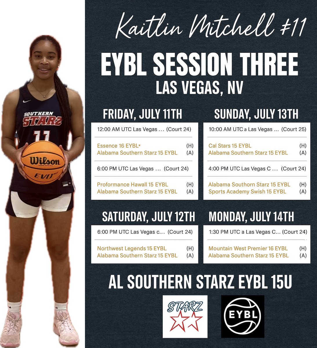Kaitlin Mitchell (@kmitchell_2028) on Twitter photo Locked in for Vegas! ✈️🏀
Ready to compete at EYBL Session Three!
📍 Las Vegas, NV
📅 July 11–14
🔥 5 games, 4 days!
<a href="/NikeGirlsEYBL/">Nike Girls EYBL</a> <a href="/ALSoStarz/">AL Southern Starz</a> <a href="/STJWBB/">Saint James Trojans WBB</a> Locked in for Vegas! ✈️🏀
Ready to compete at EYBL Session Three!
📍 Las Vegas, NV
📅 July 11–14
🔥 5 games, 4 days!
<a href="/NikeGirlsEYBL/">Nike Girls EYBL</a> <a href="/ALSoStarz/">AL Southern Starz</a> <a href="/STJWBB/">Saint James Trojans WBB</a>