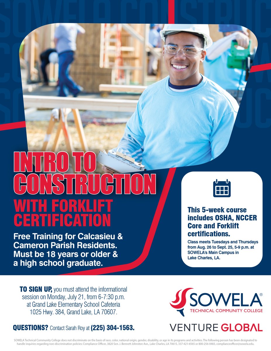 SowelaTCC's tweet image. Ready to Build Your Future?
SOWELA’s FREE Intro to Construction course with Forklift Certification is open to Calcasieu & Cameron Parish residents!
Must be 18+ and a high school grad.
Sign up at the July 21 info session in Grand Lake!
#SOWELA #FreeTraining #ConstructionCareers