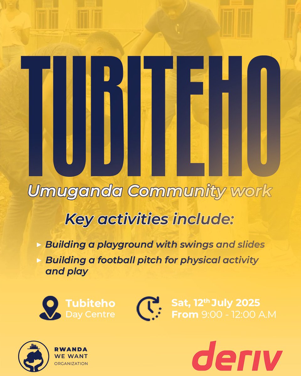 Join us this Saturday, July 12th at 9:30AM for Umuganda at the #Tubiteho Day Center in Gahanga, Kicukiro—organized by Deriv and Rwanda We Want!

We’ll be building and beautifying recreational spaces for students with intellectual disabilities to support their physical, emotional,