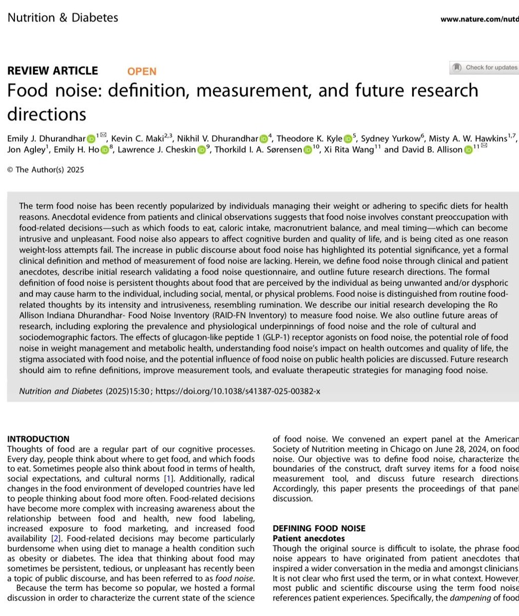 “Food noise” is the “incessant mental chatter” or “constant rumination” about food. 

It is increasingly recognized as a phenomenon particularly with its profound elimination with GLP1 treatment. 

New Nature review: nature.com/articles/s4138…

Great overview: