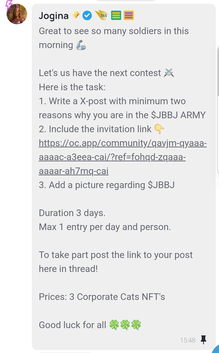 $JBBJ WARRIORS, ATTACK!

Just write a lil post &amp; potentially win a <a href="/Corporate_Cats/">Corporate Cats ∞ 🐈</a> NFT. 

oc.app/community/qavj…