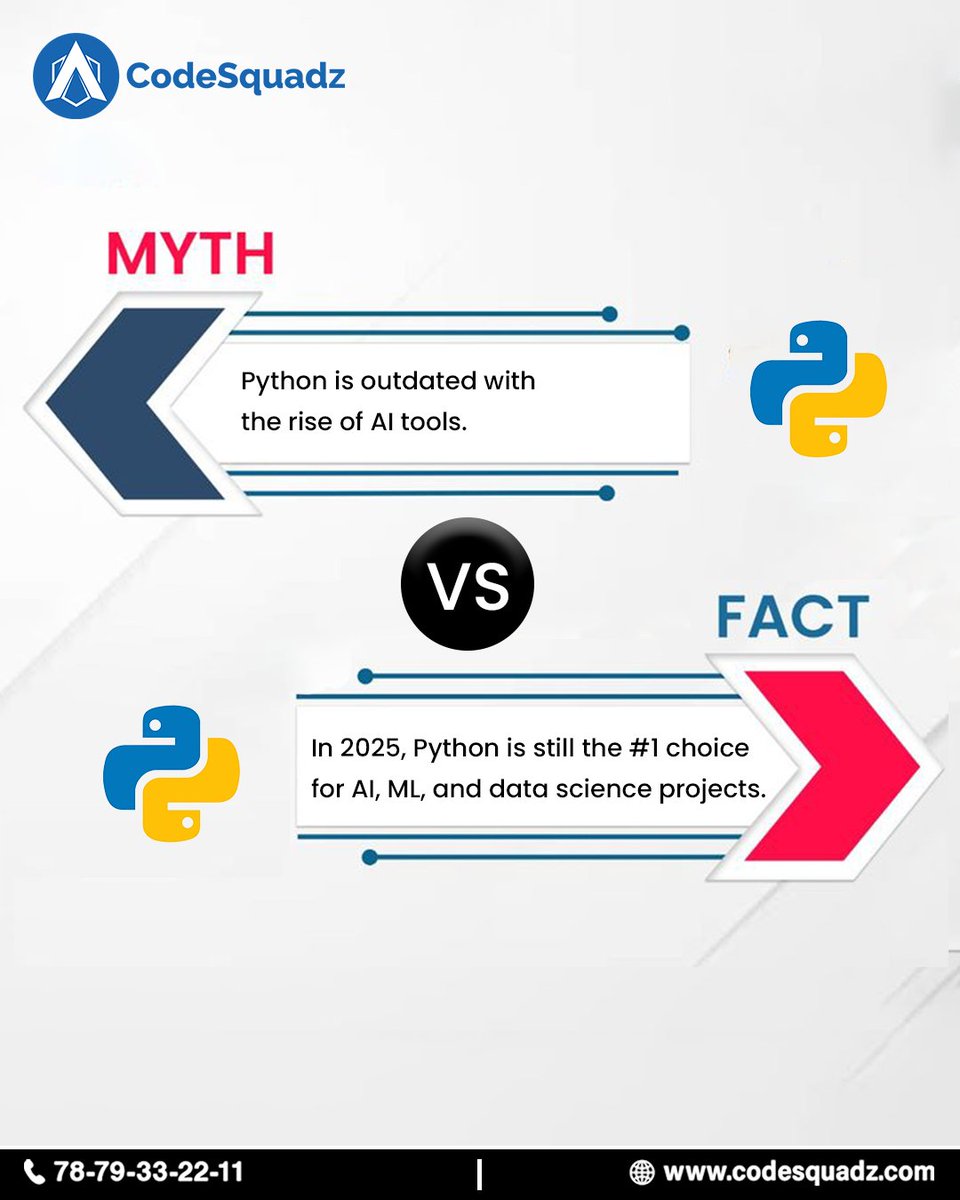 appsquadzedu's tweet image. 💥Why Python isn’t going anywhere:
• Easy to learn & read
• Powerful libraries for AI & ML
• Backed by a strong global community
• Trusted by top tech companies
📞78-79-33-22-11🌐codesquadz.com
#PythonTraining #LearnPython #AIwithPython #MythVsFact #CodeSquadz