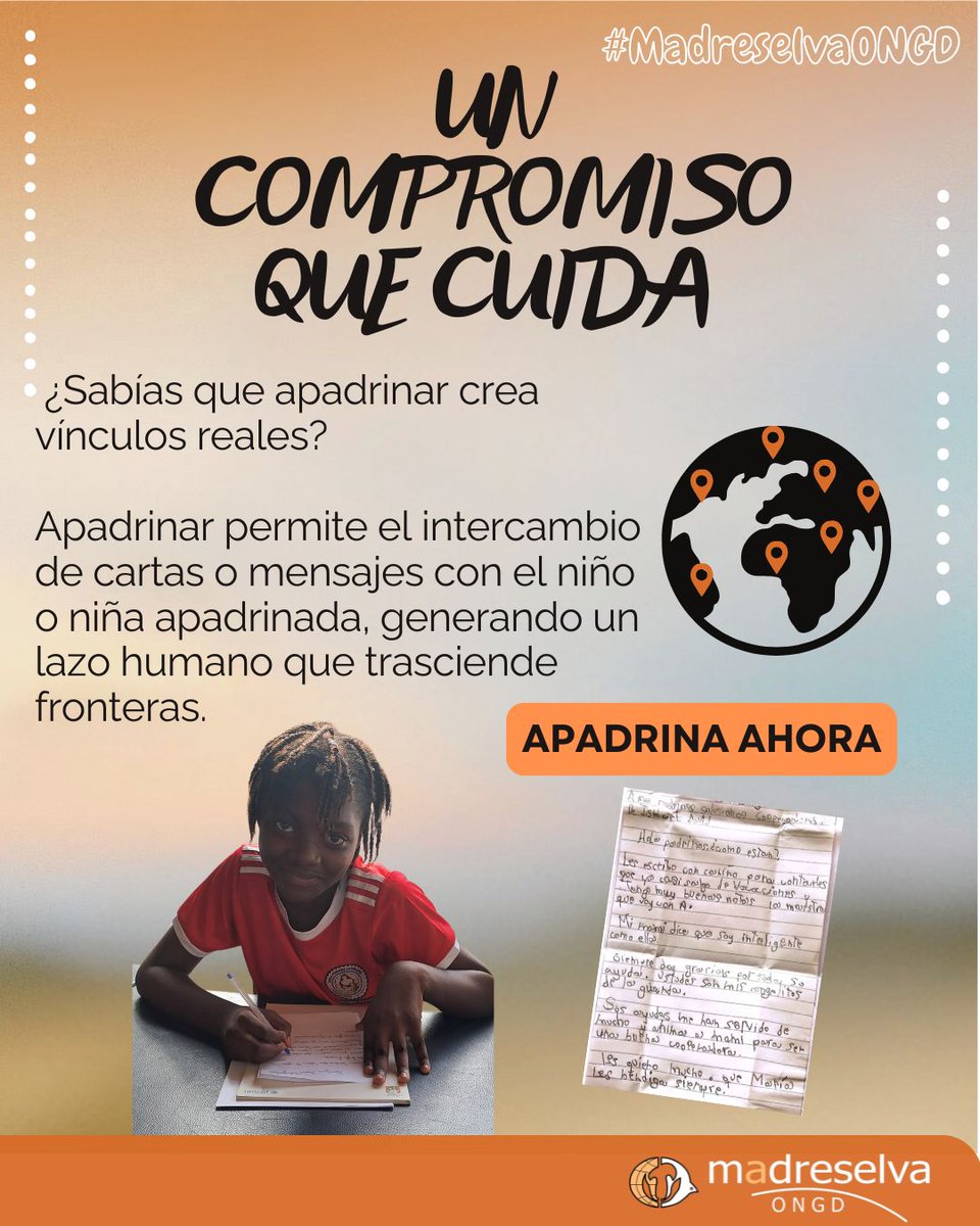 ✨El apadrinamiento crea lazos que transforman vidas

Cuando apadrinas, no solo acompañas el crecimiento de un niño o niña. También compartes sueños, historias y oportunidades. 💛

📩 Únete hoy y sé parte de este lazo que cambia el mundo, una historia a la vez.

#MadreselvaONGD