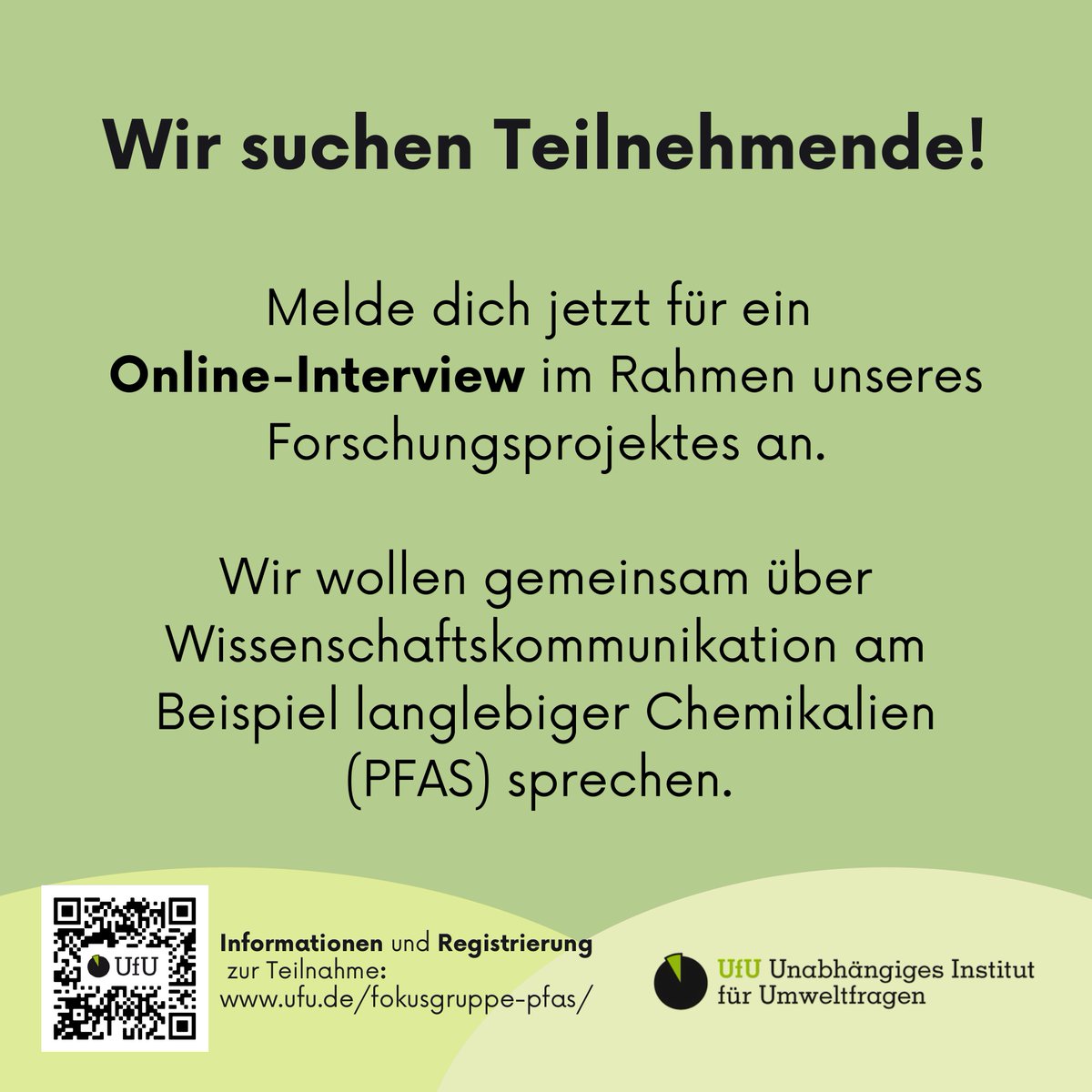 Teilnehmende für ein Forschungsprojekt gesucht!

Wir arbeiten mit dem <a href="/isoewikom/">ISOE</a> und der #UniHamburg zu Wissenschaftskommunikation und #PFAS.

Für eine Teilnahme ist kein Vorwissen erforderlich! 
Alle Informationen findest du auf: lnkd.in/d4U2zYSb  Wir freuen uns auf dich!