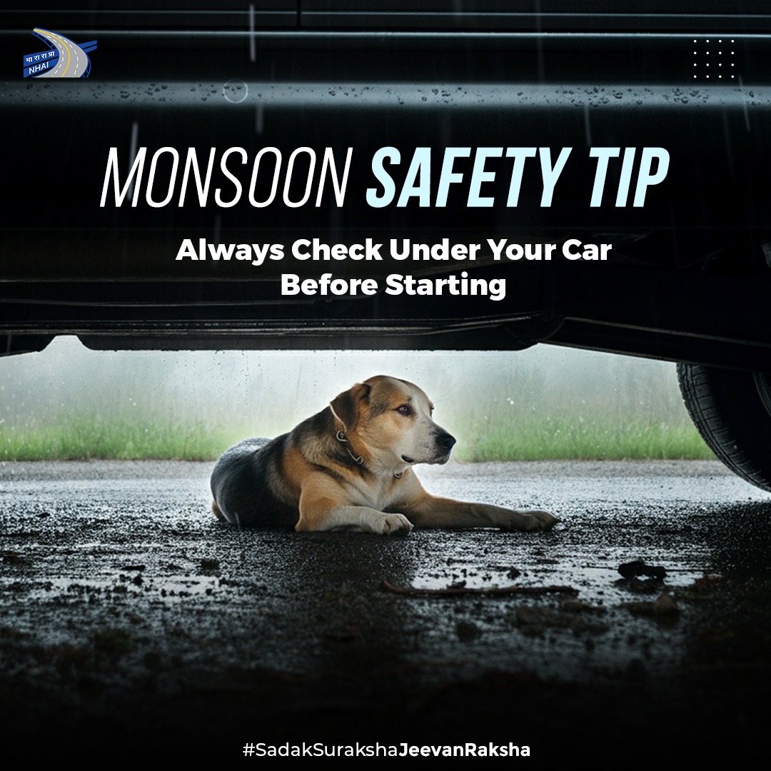 NHAI_Official's tweet photo. During the monsoon season, animals tend to take shelter under the vehicles to protect themselves from rain. Check for any animal under your vehicle before starting your journey to avoid a mishappening. #NHAI #MonsoonDrivingTips #SadakSurakshaJeevanRaksha https://t.co/L78gJEuOV0