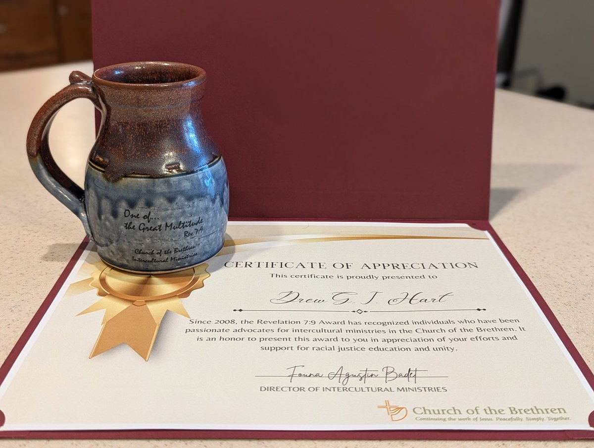DruHart's tweet image. Honored to recently receive the Revelation 7:9 Award from the Intercultural Ministries office of the Church of the Brethren, recognizing my efforts in racial justice education and activism. Though I couldn’t be there in person, I’m grateful my pastor accepted it on my behalf.