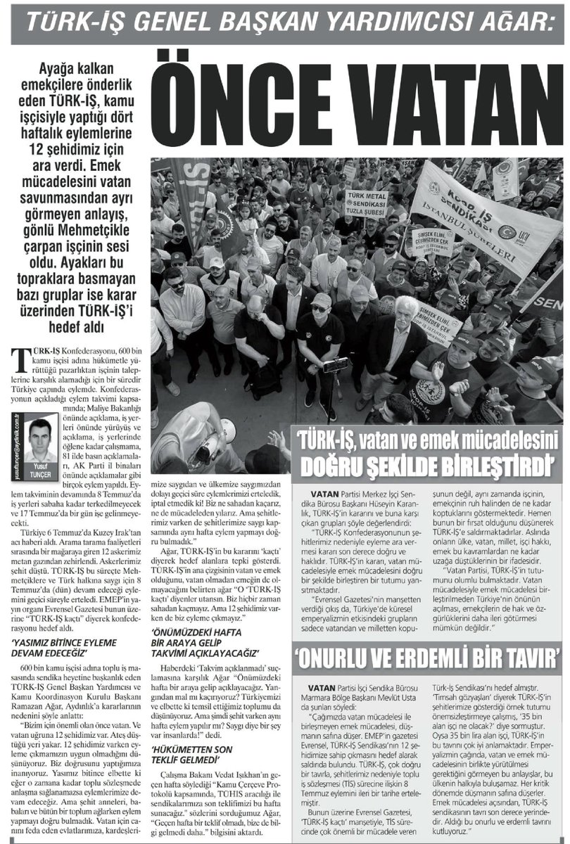 TÜRK-İŞ HER ZAMAN EMEKTEN VE VATANDAN YANA OLMUŞTUR

Konfederasyonumuz ve Kamu Koordinasyon Kurulunun daha önce ilan ettiği eylem takvimi doğrultusunda; T.C. Hazine ve Maliye Bakanlığına yürüyüş ve Bakanlık önünde basın açıklaması, üye sendikalarımızın örgütlü olduğu tüm kamu iş