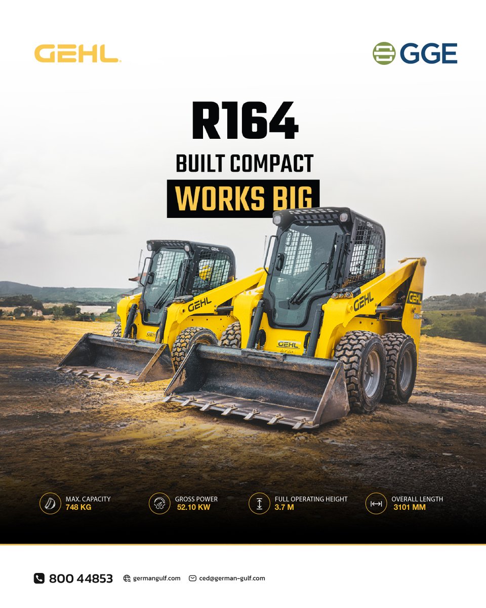 GermanGulfEnt's tweet image. Power that fits anywhere.

The GEHL R164 packs breakout force, visibility &amp;amp; control into a compact 1.58 m frame — perfect for tight job sites.

Now available from German Gulf, UAE’s authorized GEHL dealer.

📞 800-GGULF 📧 ced@german-gulf.com #GEHL #SkidLoader #GermanGulf
