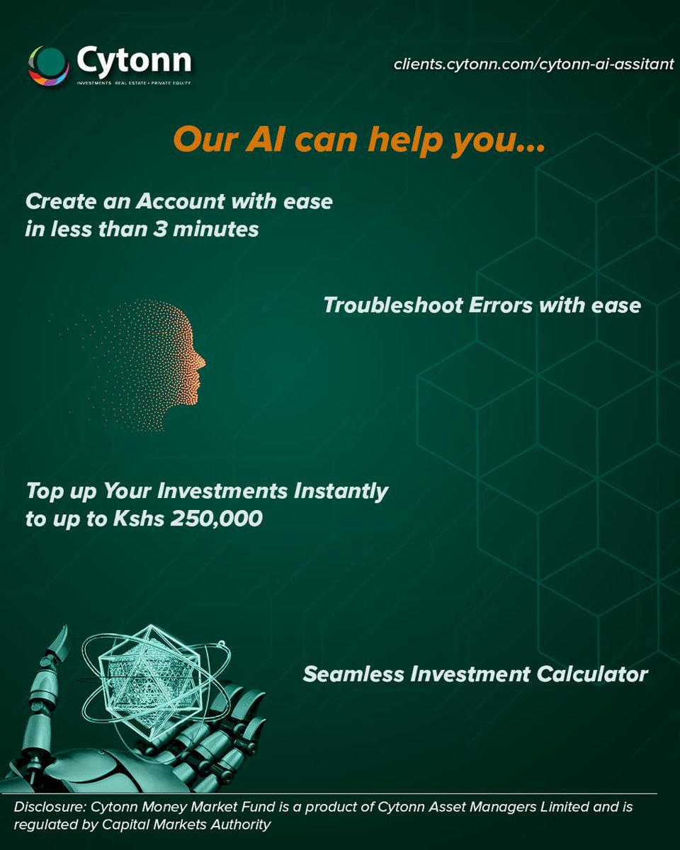 Invest smarter, not harder. Let Cytonn AI handle the hassle—track, top-up, and transact in minutes. 🚀💡

Dial *809# or Download the Cytonn App here – clients.cytonn.com/mobile or just tell our AI create an account for you clients.cytonn.com/cytonn-ai-assi…

 #InvestWithEase #CytonnAI