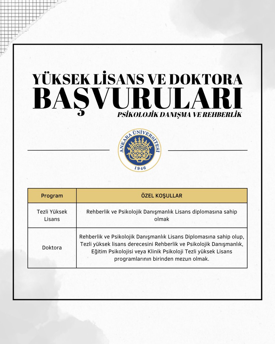 Rehberlik ve Psikolojik Danışmanlık yüksek lisans ve doktora programlarımıza başvurular başladı!

Ayrıntılı bilgi için Ankara Üniversitesi Eğitim Bilimleri Enstitüsü internet sitesini inceleyebilir, duyuruları takip edebilirsiniz:

egitim.ankara.edu.tr