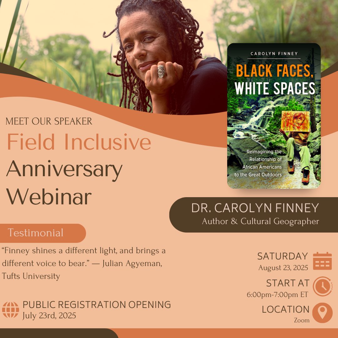 FieldInclusive's tweet image. ✨ Join us in celebrating another year of Field Inclusive! ✨
We’re thrilled to invite you to our Field Inclusive Anniversary Webinar featuring Dr. Carolyn Finney, author of Black Faces, White Spaces.
📅 Date: Saturday, August 23, 2025
🕕 Time: 6:00–7:00pm ET
📍 Location:…